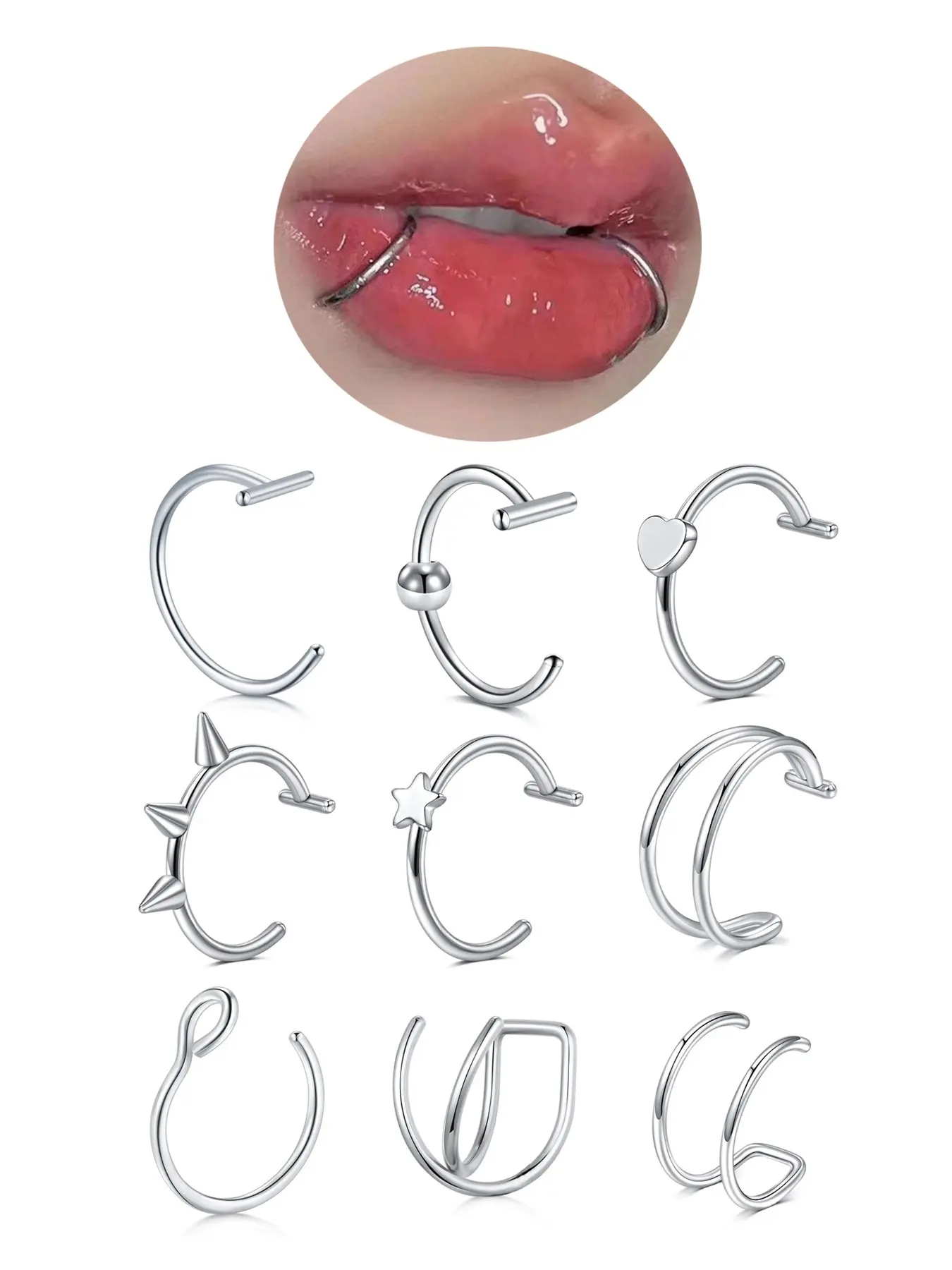 Fake Lip Piercing Ring, Clip-On Nose Ring Hoop, Faux Snake Bites, Vampire Teeth, Silver Color Fangs, Halloween Body Jewelry, Punk Style