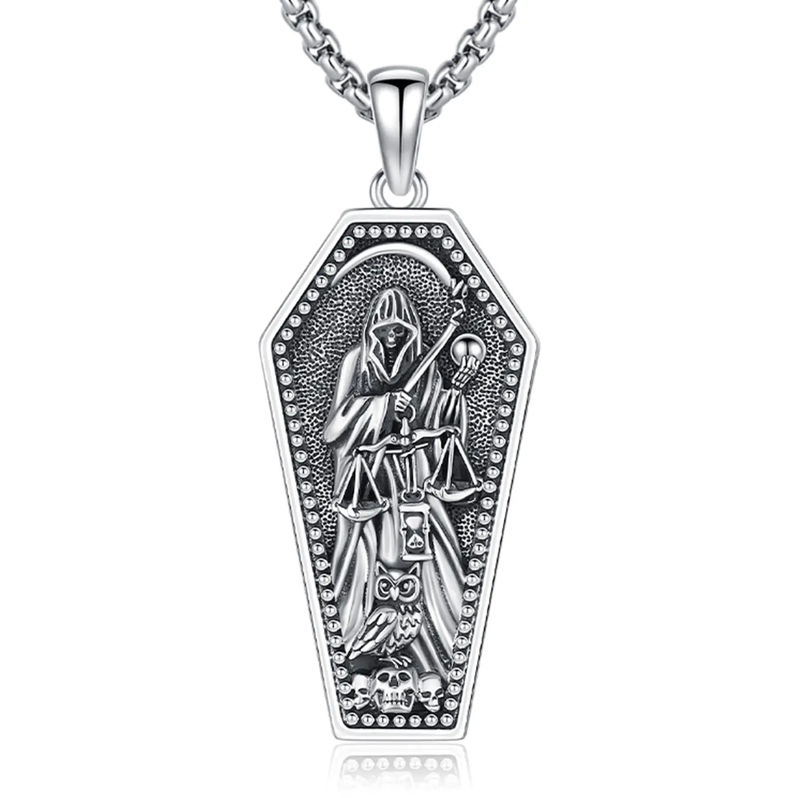DRINSPER S925 Sterling Silver Gothic Santa Muerte Skull Pendant Necklace, Unisex Casual Jewelry, Gift Necklace for Metal Lovers, Adults, Daily, 12 Months, 925 Real Silver Necklaces & Pendants