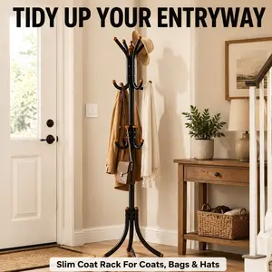 1-Piece Freestanding Metal Coat Rack, 3-Tier Multi-Hook Standing Coat Tree with Stable Triangular Base, Black & White Floor Clothes Hanger for Entryway, Bedroom, Office and Small Spaces