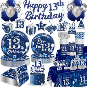 206 count 13th Birthday Decorations for Boys, 13 Birthday Boy Tableware Set with Plates and Napkins Serves 25, Tablecloths and Balloons for Teenager Birthday Decorations 13th