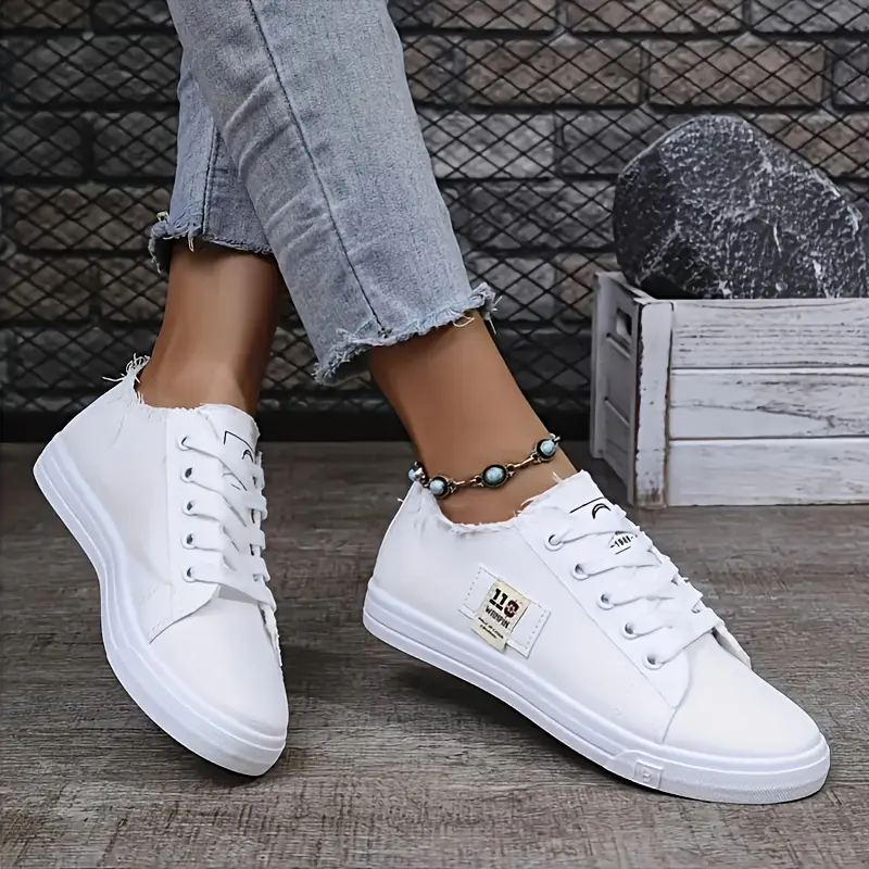 Women's Classic Flat Sneakers, Solid Color Lace-Up Low-Top Casual Shoes, Women Shoes