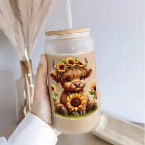 Sunflower Highland Cow Pattern Decorative Glass Tumbler, 16oz Glass Drinking Cup with Lid & Straw, Reusable Glass Cup, Durable Glass Cup, Glass Water Cup, Drinkware for Home Office, Bottles, Glass Beverage Cups, Glass Cups with Lids