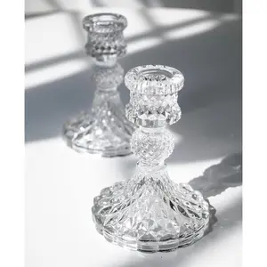 Taper Candle Holders Set of 2, Clear Glass Candlestick Holder Fit 0.8 Ih Candles, 4 Ih Tall  Decorative Candle Stand Centerpiece for Table Wedding Dinning Party