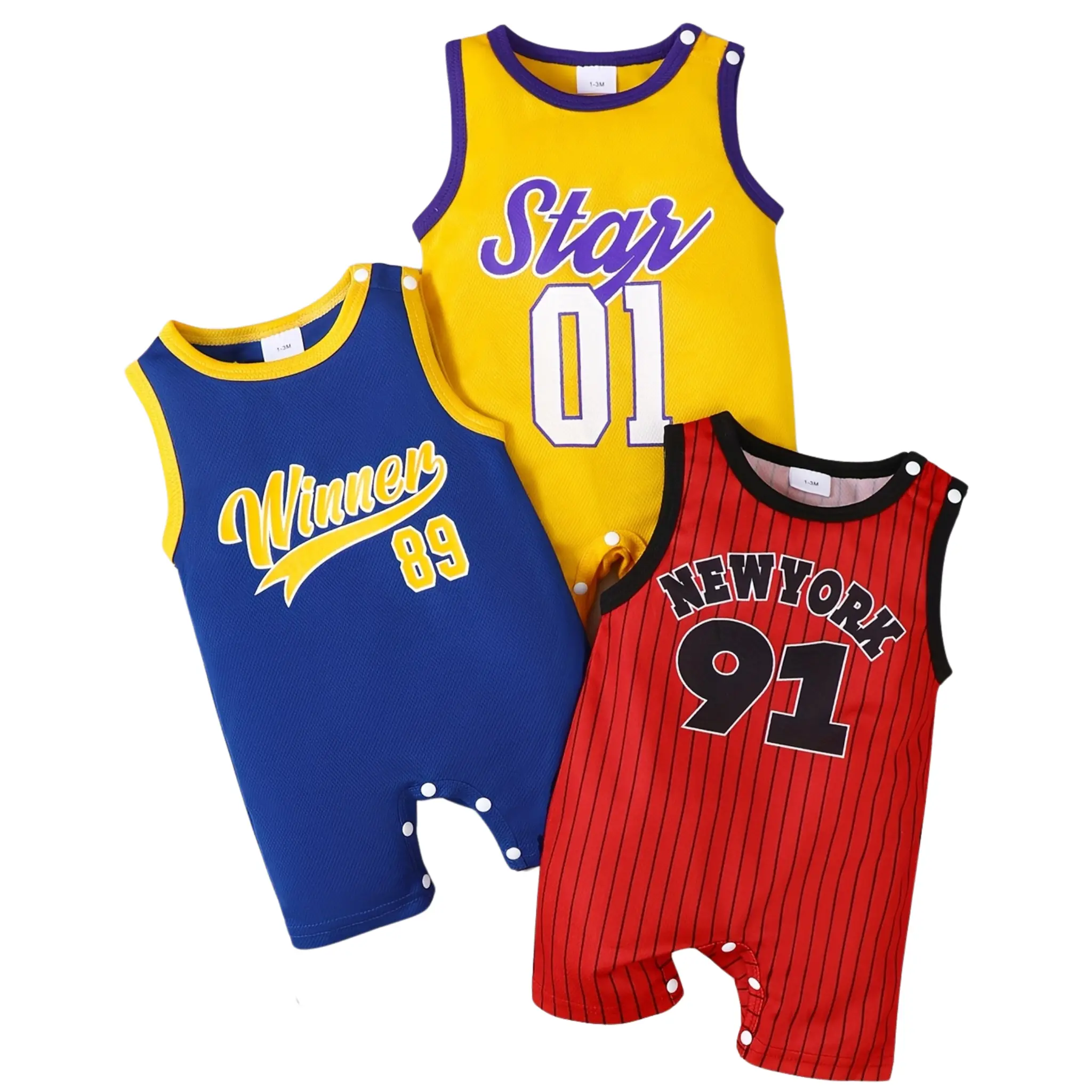 Ready Stock Baby Boys 3 Packs Casual Street Sports Style Romper Set - Jersey Prints Ribbed Crew Neck Sleeveless Vest Summer Clothes 42412073 Rompers Set Soccer Babysuit