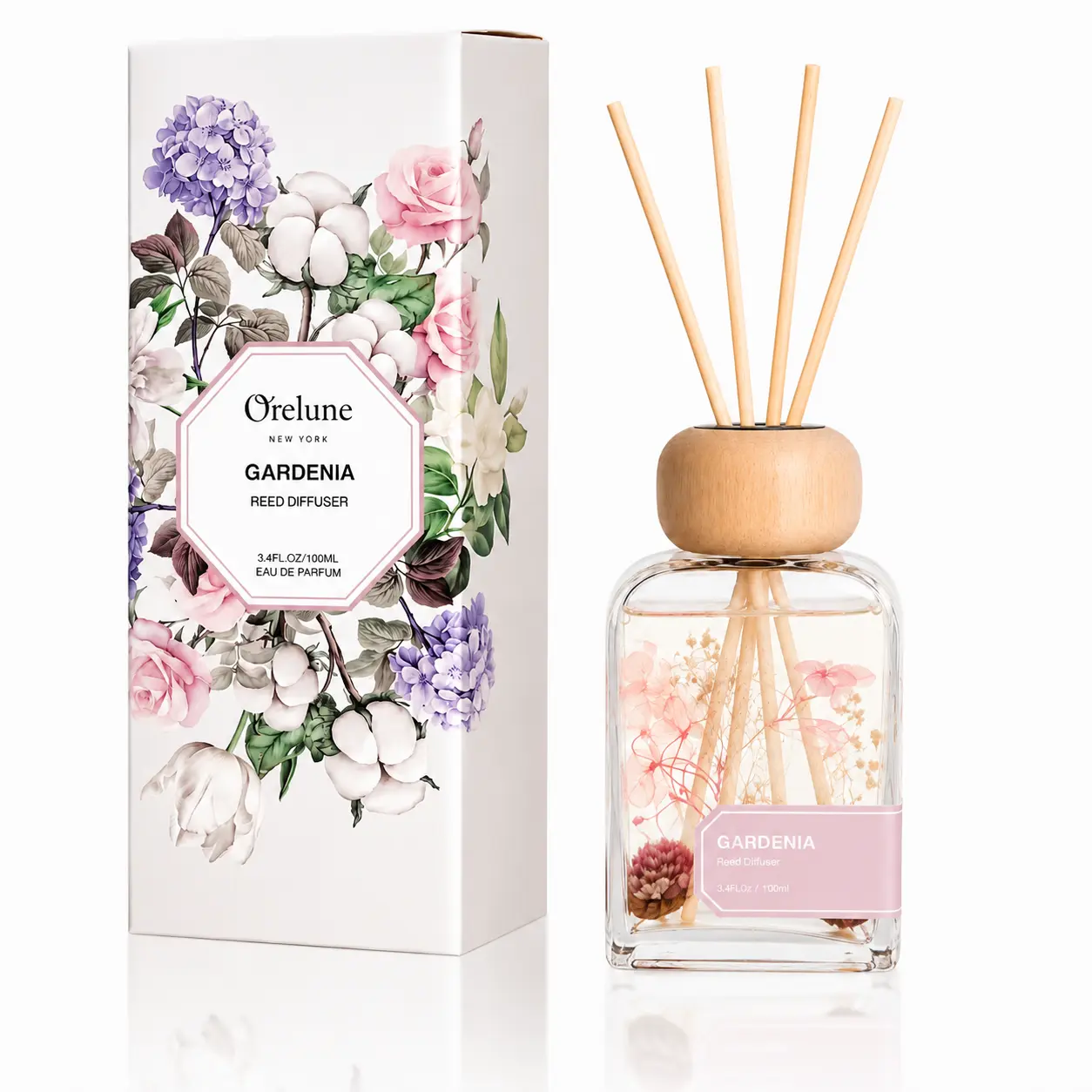 Orelune-Gardenia Scented Reed Diffuser Gift Set - 3.4 fl oz (0-500 ml Range) Elegant Glass Bottle, Reusable Sticks, All-Seasons Safe Home Fragrance for Bathroom, Living Room, Birthday, Anniversary Gifting