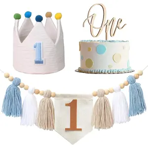 1st Birthday Decoration Boy, First Birthday Party Decoration High Chair Banner 1st Birthday Blue Hat Crown Cake Topper Tassels Photo Backdrop for Boy Girl Set Wooden summervibes