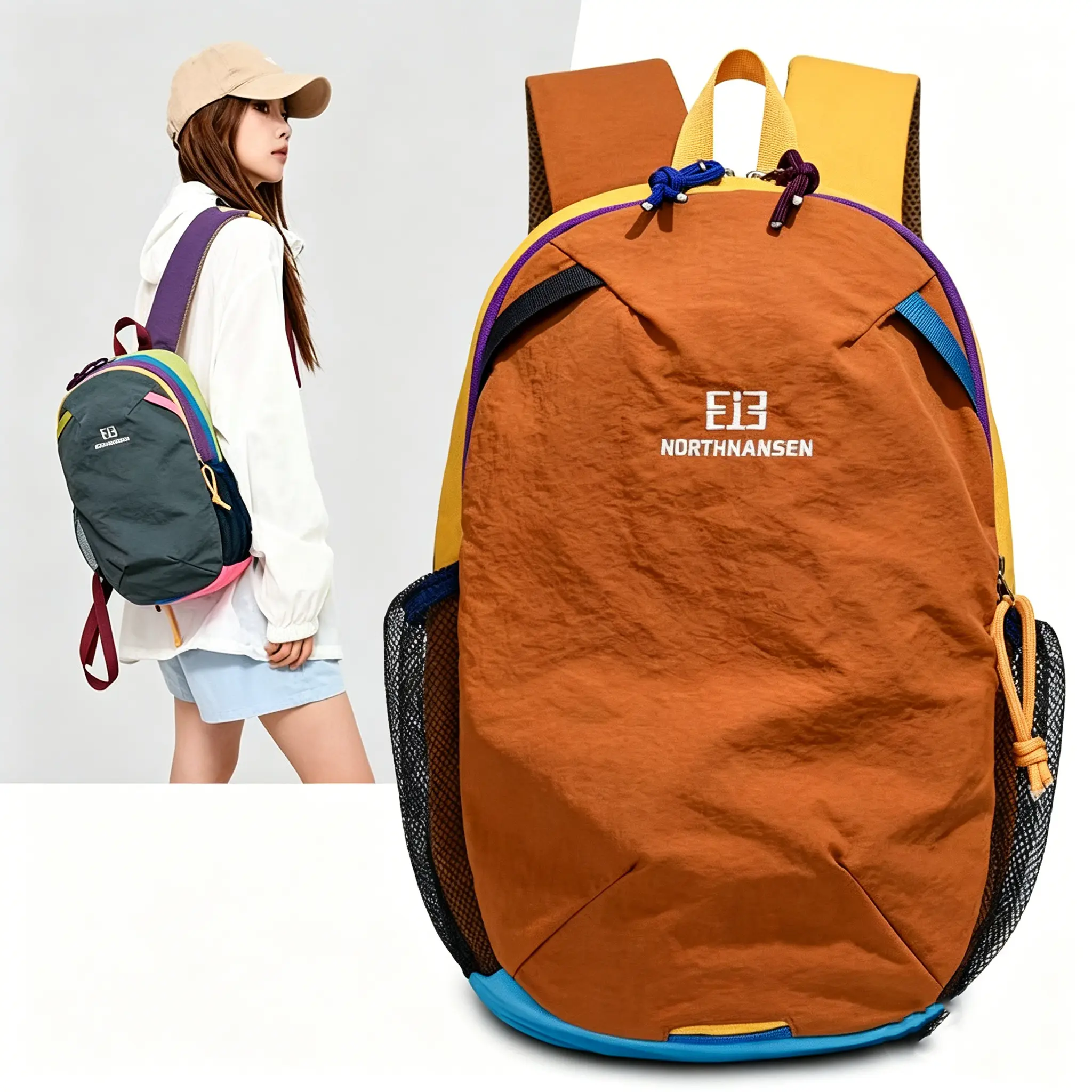 Casual Colorblock Nylon Mini Backpack for Adults, Lightweight Travel Bag with a Belted Detail and Adjustable Shoulder Strap, Holiday, Built-In Organizer, Chic, Elegant, Zip, Unisex, Geometric, Everyday Carry, Bagpack Travel, Korean, Preppy