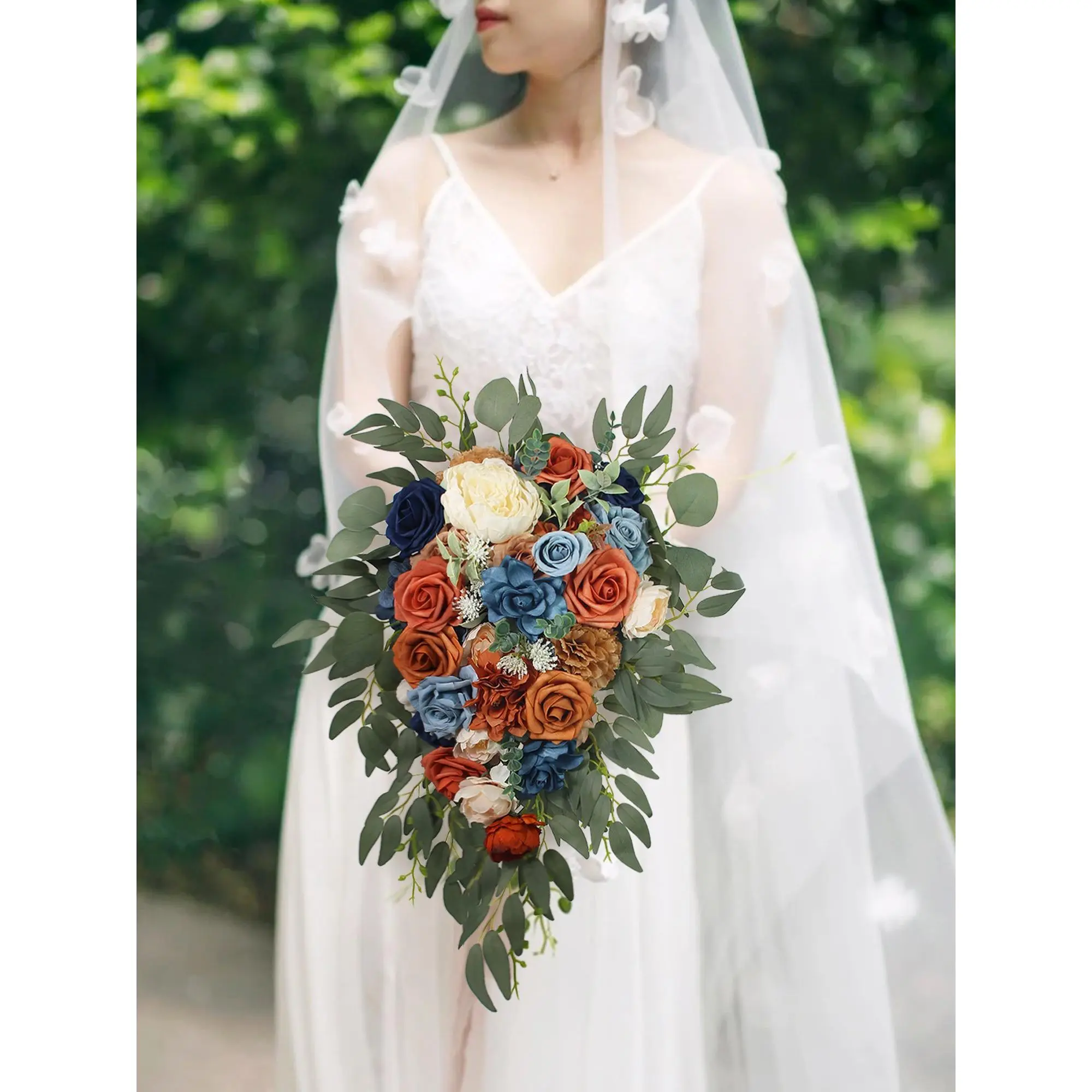 Rinlong 10-in W Multicoloured Navy Blue & Burnt Orange Silk Realistic Peach Peony Cascading Bridal Bouquet - Home/Wedding Supplies, Floral Foam Included, Maintains Freshness, May Arrive Slightly Deformed, Flawless Look Potential