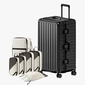 LUGGEX 30 Inch Checked Suitcase with Spinner Wheels, 8010S Aluminum Frame Zipperless Polycarbonate Hard Shell Suitcase with 5 Packing Cubes and a Shoe Bag