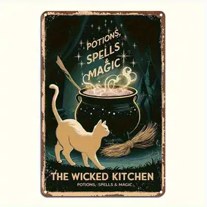 1pc Vintage Gothic Halloween Metal Tin Sign - Witch Cat & Magic Potion Cauldron Wall Art, Dark Green & Golden Tone Heavy Iron Decor for Home, Garage, Witch-Themed Room - No Wiring Required, Bohemian Style, Halloween Decorations, Perfect for