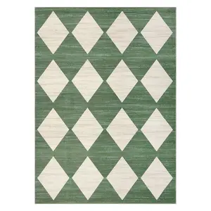 5 x 7 ft Polyester Green Rectangular Living Room Bedroom Dining Room Modern Geometric Diamond Print Machine Washable Area Rug
