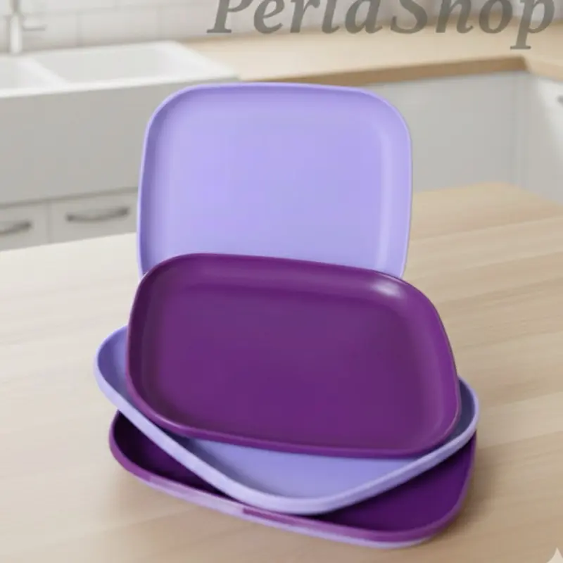 Purple Plastic Salad Plates Set - 4-Piece 8-Inch Square Reusable BPA-Free Microwave-Safe Kitchen Tableware, Purple Plate, Plastic Plates