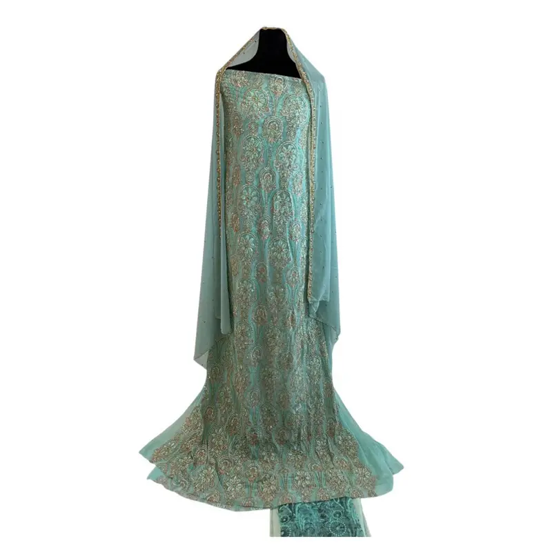 Luxury Aqua Gold Embroidered Dirac – Unstitched 3-Piece Set
