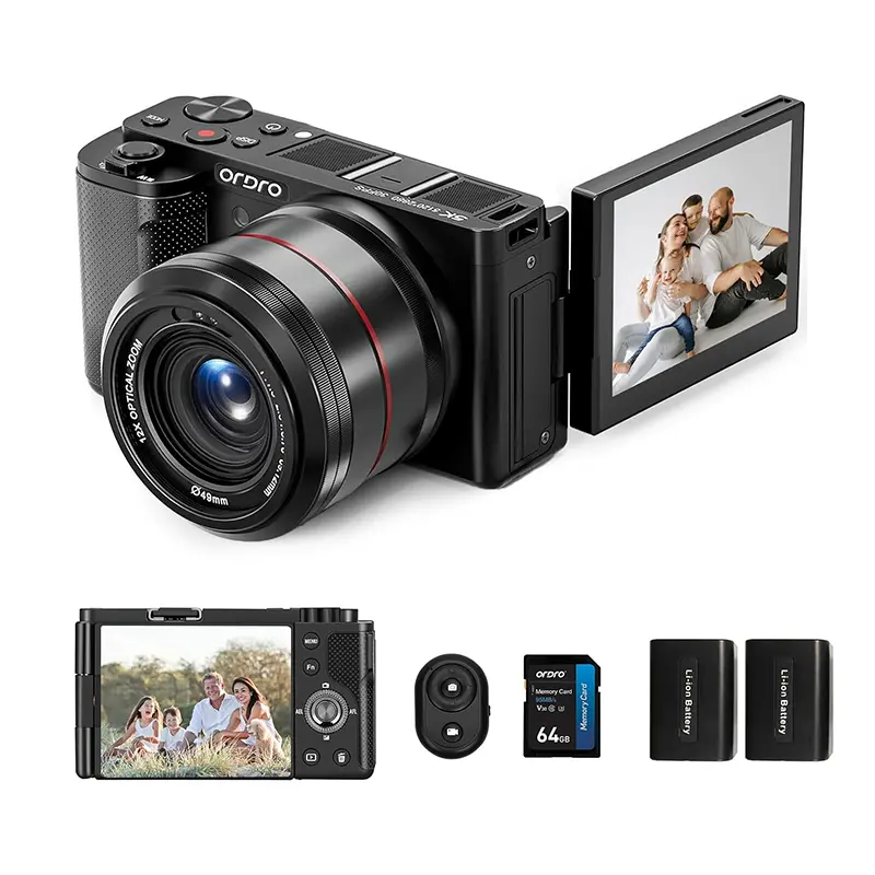 ORDRO G730 Aesthetic Digital Video Camera for Photography & Vlogging, Autofocus AF/MF Point-and-Shoot, 12X Optical Zoom, 3.2” 270° LCD Flip Screen, Flash, Tripod Compatible, Cable Included, Digital Cameras, Lens