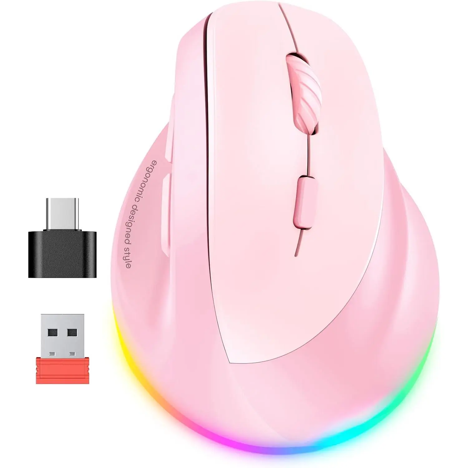 Ergonomic Mouse, Wireless Vertical Mouse RGB Backlit Rechargeable Mice for Bluetooth(5.2 + 3.0) USB-A with Type-c Adapter 4 Adjustable DPI Compatible Mac/Windows/Andriod/PC/Tablet/iPad Pink