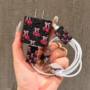 Cherry Leopard Print Charger Set, 20w/18w Adapter, Compatible with Apple iPhone 11-17 Pro Max, Stylish Protection & Data Line Storage