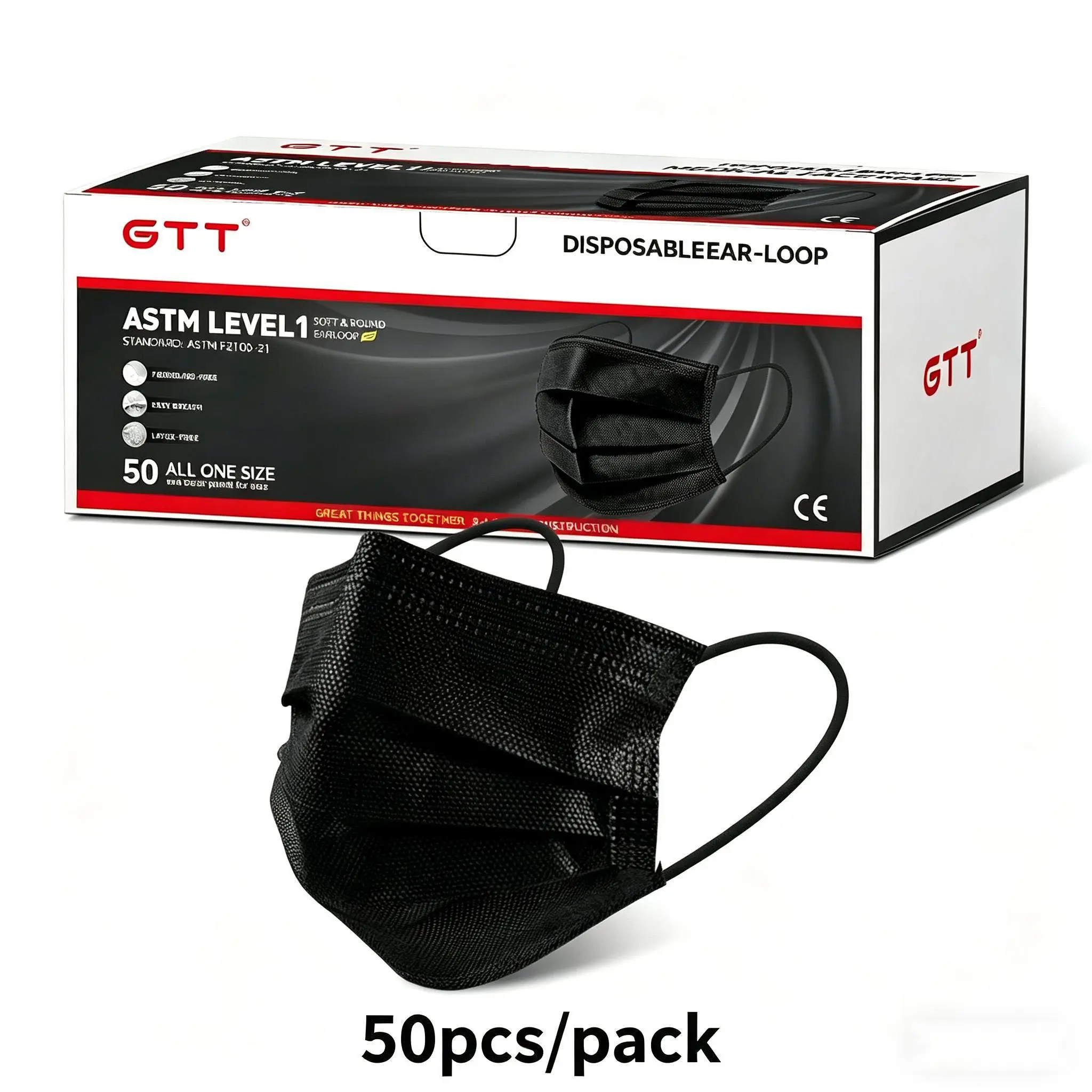 GTT Black ASTM Level 1 Disposable Surgical Masks - 100 Pack, 3-Ply Breathable Earloop Protective Masks for Adults, Medical Accessories with Dependable Daily Filtration