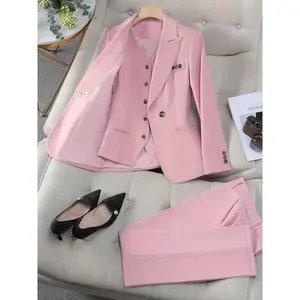 Elegant Women's 3-Piece Business Suit Set - Solid Color Pink Blazer with Double-Breasted Buttons,Womenswear Fabric Polyester