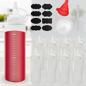 8 Pack 12 oz Plastic Squeeze Squirt Condiment Bottles with Cap Lids - Perfect for Condiments, Oil, Icing, Liquids–Set of 8 with extra 1 Silicone Funnel, 8 Chalk Labels and 1 Pen Ketchup Kitchen Seasoning Thick