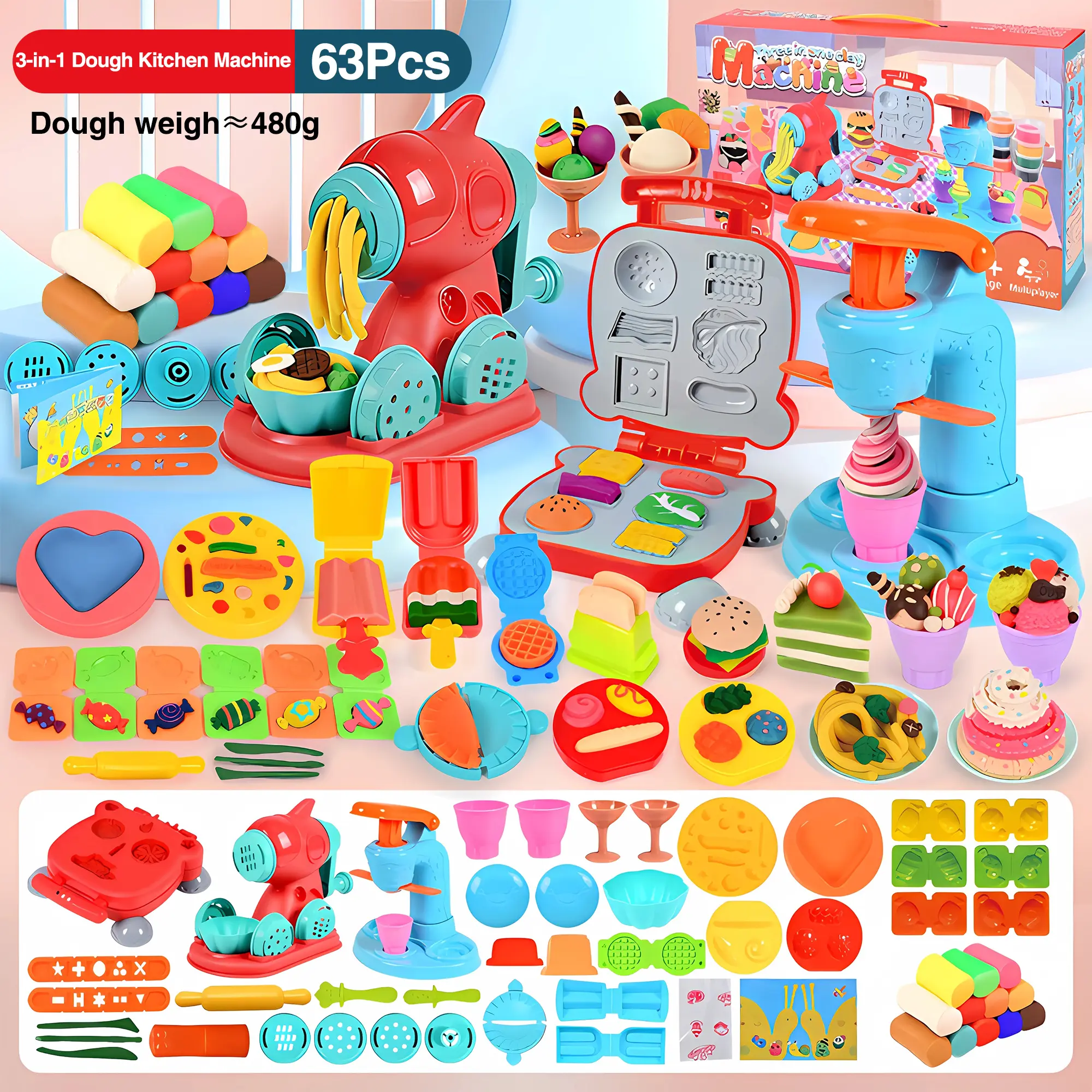 Vibrant Toddler Play Dough Set - Unisex, Toddler-Safe Non-Toxic Soft Plasticine, Ice Cream Noodle Hamburger Maker Toys, for Creative Art Crafts, Home Activities