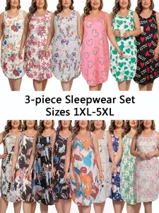 【Flash Sale】 Valentine Heart Pajama Set for Women | Plus Size Curvy Fit 3-Pack Sleeveless Tank Loungewear Nightdresses | Breathable Casual Floral Sleepwear Dresses 1XL-5XL Assorted Prints All Seasons Summer Nightgown Womenswear