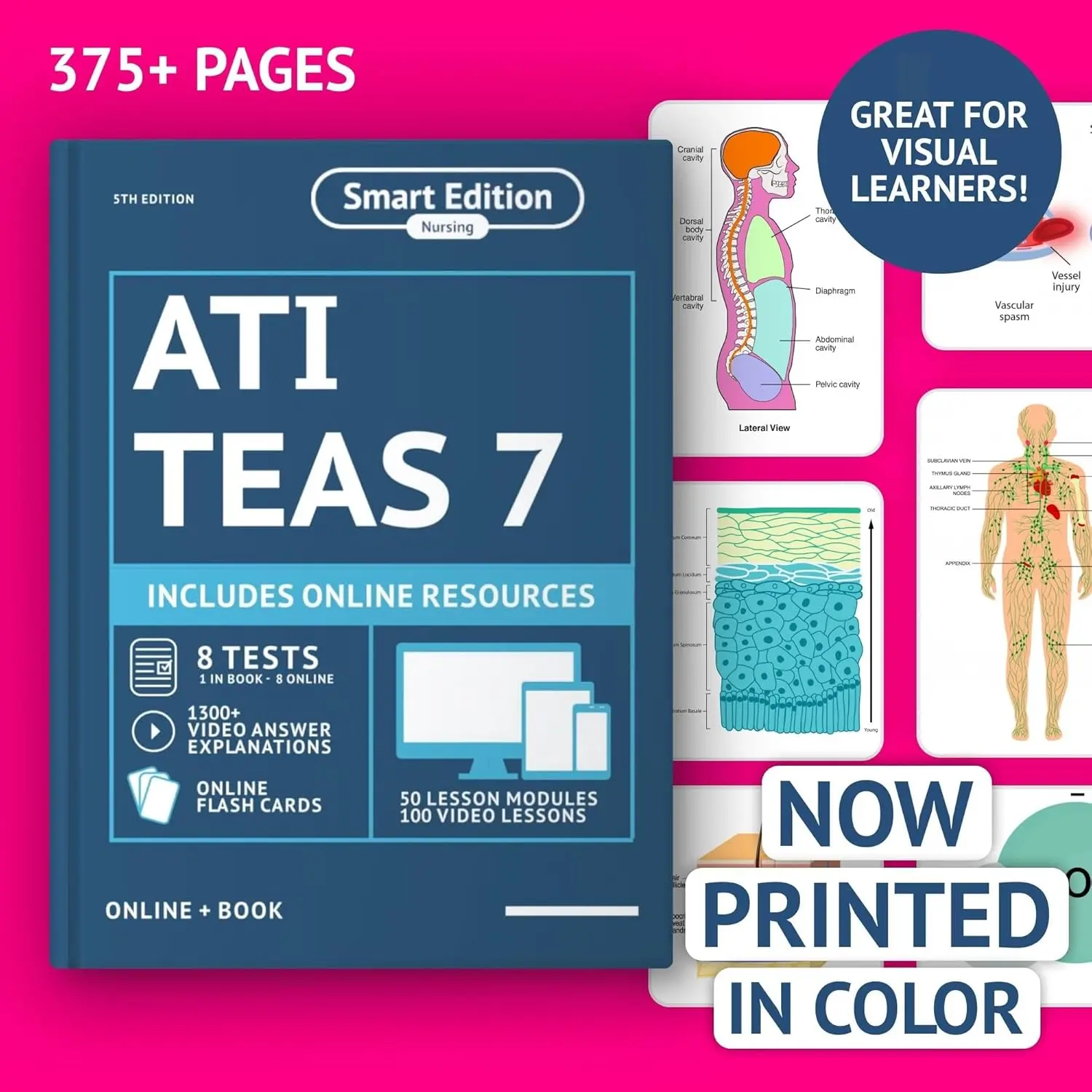 ATI TEAS 7 Study Guide 2025 Printed In Color: Smart Edition Nursing Exam Prep Book Review Manual with 8 Practice Tests, 100 video lessons, flashcards ... the ATI TEAS 7 Nursing School Entrance Exam 5th Edition