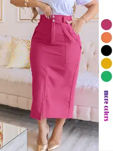 Women's Plain Split-Thigh Fitted Pencil Skirt with Pockets, Elegant High-Waisted Long Skirt for Formal Office Work and Business, All-Season Ladies' Clothes