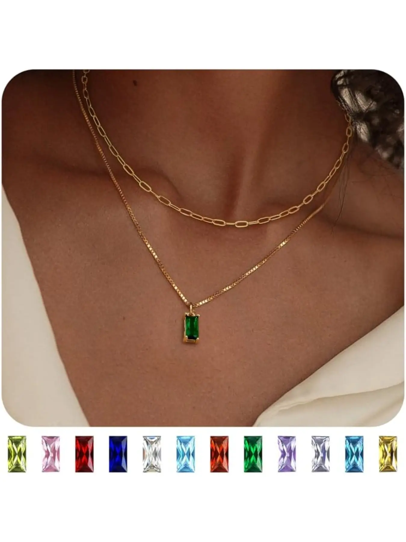 Gold Plated Birthstone Necklace for Women Girls,Layered Gold Necklace Stack,Dainty Ruby Emerald Cubic Zirconia Pendant Necklace,Diamond Necklaces Birthstone for Birthday Gifts Jewellery