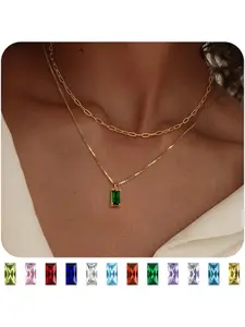 Gold Plated Birthstone Necklace for Women Girls,Layered Gold Necklace Stack,Dainty Ruby Emerald Cubic Zirconia Pendant Necklace,Diamond Necklaces Birthstone for Birthday Gifts Jewellery