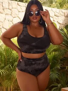 New European Style Plus Size Tie Dye High Waist Swimsuit Set, Trendy Summer Vibes, Perfect for Beach Pool Vacation