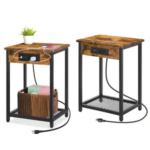 Night Stand Set of 2 Bedside Table with Charging Station Small End Table with USB Ports and Power Outlets