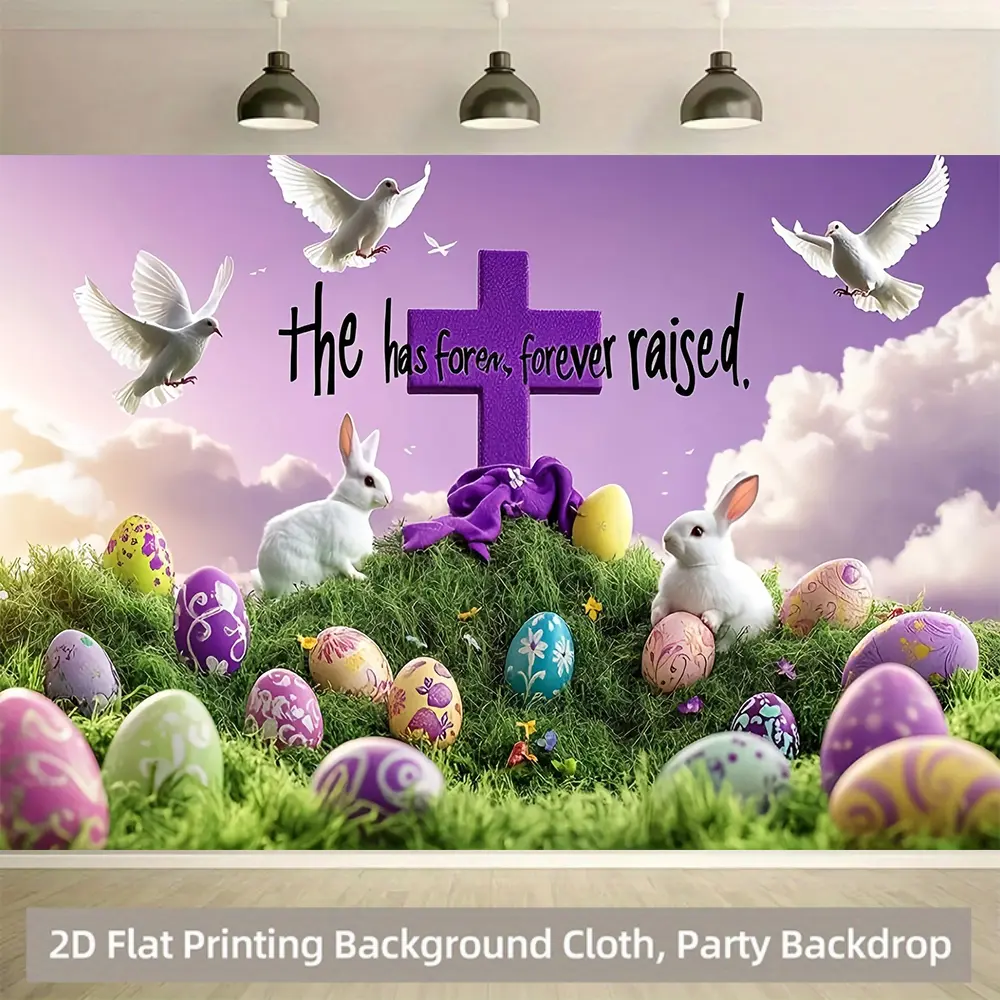 Easter Religious Background with He Has Risen Cross and Dove, Gold Spring Party Banner, Church Event Photography Backdrop