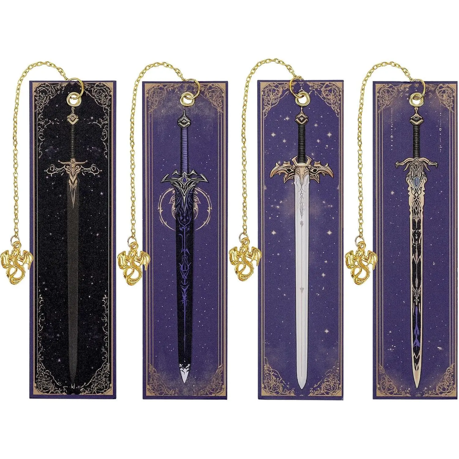 Dragon Sword Bookmark Gifts - 4 Pcs Purple Cool Vintage Bookmarks for Men Reading Lovers Kids Teacher Students Gold Pendant Charm Fantasy Anime Book Marks Office Home Supplies Birthday Gift