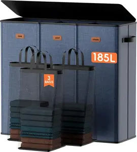 185L Laundry Hamper 3 Section, Laundry Hamper with Lid, Dirty Clothes Hamper with 3 Removable Washing Bags, Extra Large Laundry Basket Organizer for Bedroom, Laundry Room, Dorm - Navy Blue