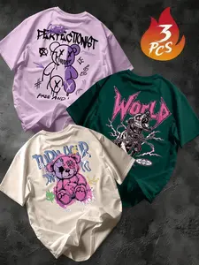 Men's Cool Graffiti Three-Piece Short Sleeve T-Shirt Set, Casual Streetwear Style, Loose-Fitting, Summer Fashion Stylish, Daily Wear, Casual Streetwear Top