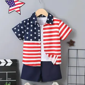 Ready Stock 4th of July Indepandence Day Outfit For 4Y,5Y,6Y,7Y Boys Stars and Stripes Button Down Lapel Shirt Elastic Shorts Set 2Pcs Kids Summer Clothing  224042412