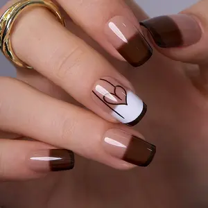CurvLife Mocha Heartline French Press-On Nails – 30PCS Square Long Nude Brown Gradient Tips with White Accent Heart Design, Glossy Finish, Durable, Reusable, Easy to Apply & Remove, Perfect for Daily, Date & Gift Use