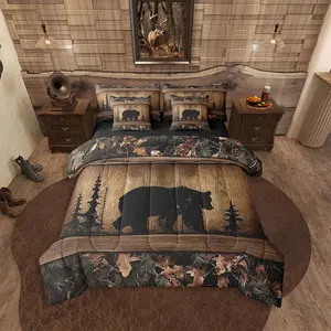 Rustic Farmhouse Comforter Set,7 Piece Country Cabin Bear Bedding Set,Tree Woodland Camo Hunting Wildlife Bed in A Bag for Teen Boys Men Camouflage Animal Sheet Set with Comforter