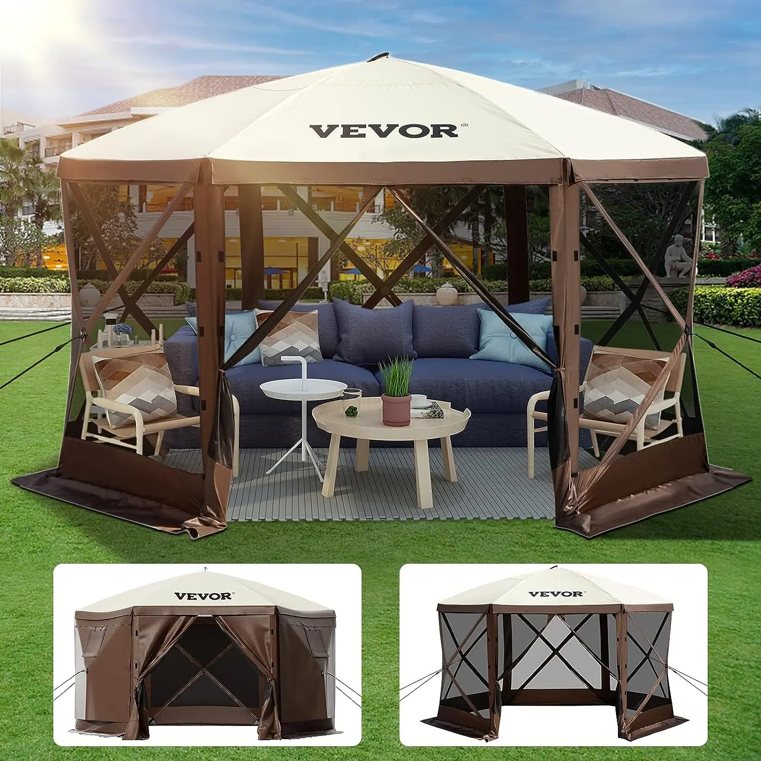 【SummerFinds】VEVOR Gazebo Screen Tent, 12 x 12 ft, 6 Sided Pop-up Camping Canopy Shelter Tent with Mesh Windows, Portable Carry Bag, Ground Stakes, Large Shade Tents for Outdoor Camping, Lawn and Backyard
