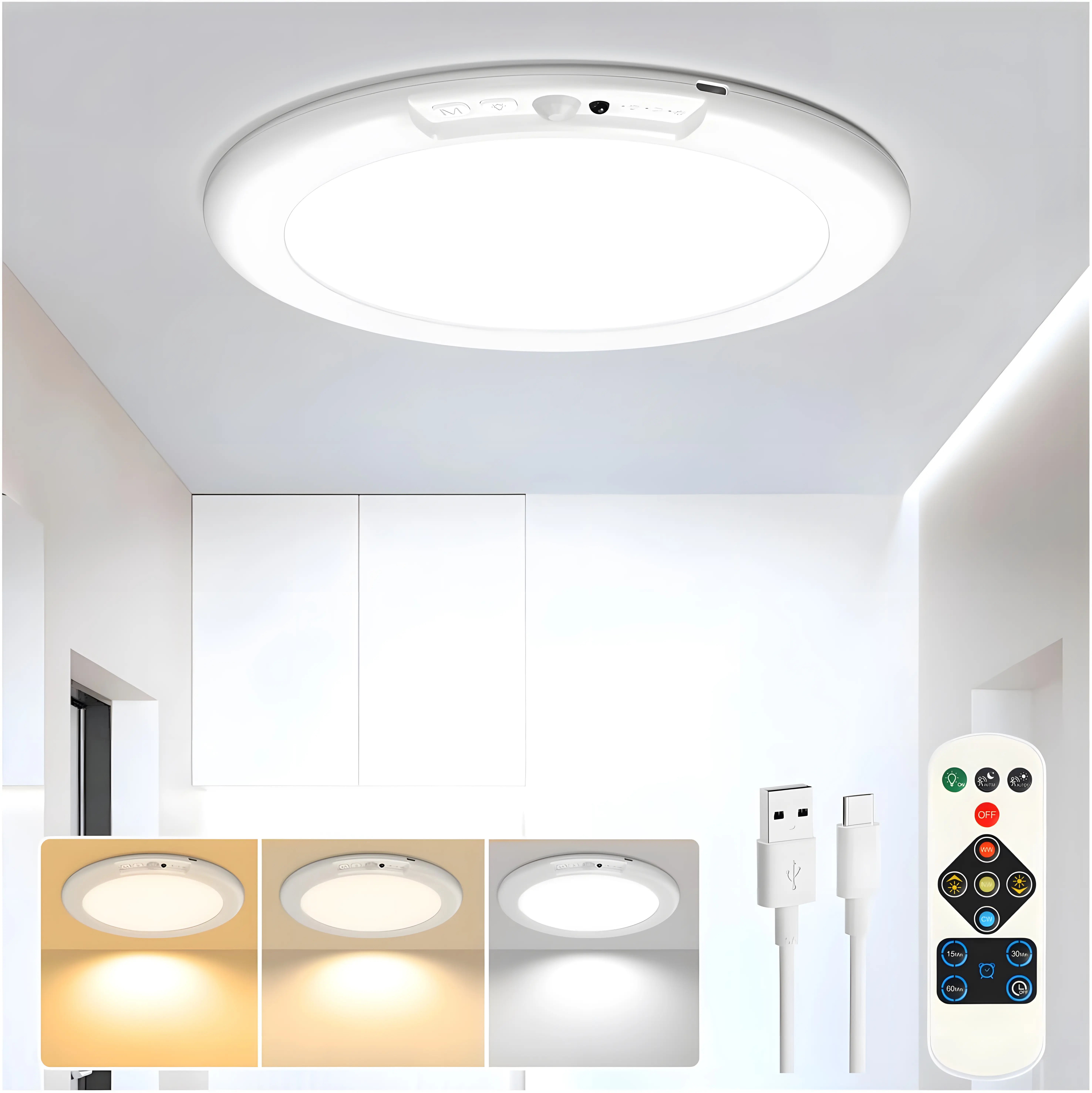 Rechargeable ceiling light with motion sensor and remote — magnetic wireless battery-powered LED light, dimmable with three color temperatures, timer, motion-activated, suitable for closets, showers, hallways, and pantries Energy Efficient Led Lighting