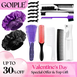 【Valentinesdaygift】17 Counts Hair Brush Set for Women Men Kids Detangler Brush Wide Tooth Comb Nylon Bristle 9-Row Brush Satin Bonnet  Styling Tools Purple Love At First Find