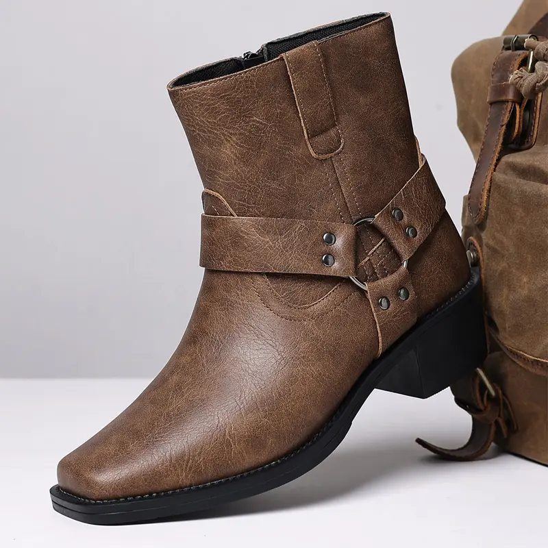 Men’s Western buckle short boots — vintage brown square-toe short denim boots, vintage distressed zip work boots