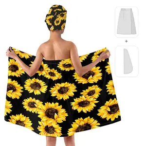 1pc/2pcs sunflower black background print, dry hair hat and bath skirt set, a must-have for eye-catching retro bathroom,100% polyester material,suitable for women,after bathing, water-absorbing hair wrap in spa and swimming pool, give her luxurious gifts