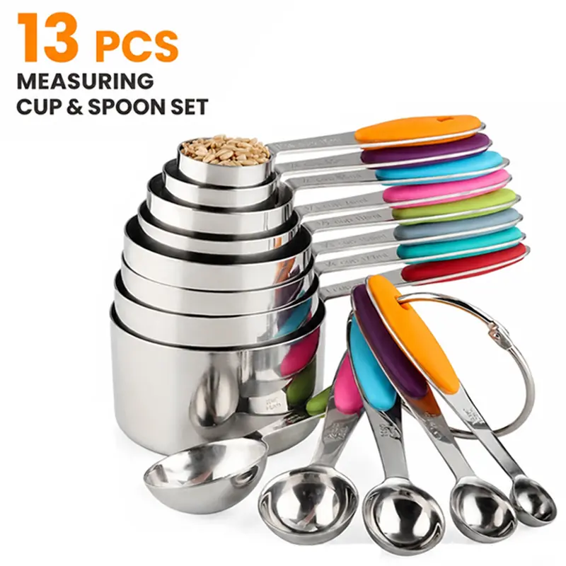 13-Piece Stainless Steel Baking Measuring Cup and Spoon Set, Detachable Food-Grade Kitchen Gadgets with Engraved Markings, Stackable Reusable Dishwasher-Safe Utensils, Nature-Inspired Colors, Ideal Gift, 5-Piece Measuring Spoon Set, Sturdy
