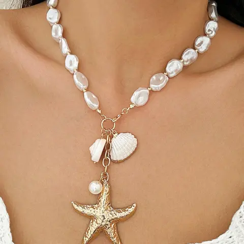 Starfish & Shell Decor Pendant Charms Necklace, Decorative Necklace, Dangling Charms Necklace, Fashion Faux Pearls Decor Casual Trendy Jewelry for Party, Daily Decor, Trendy Charm Necklaces, Trendy All-match & Exquisite Jewelry for Birthday Gift