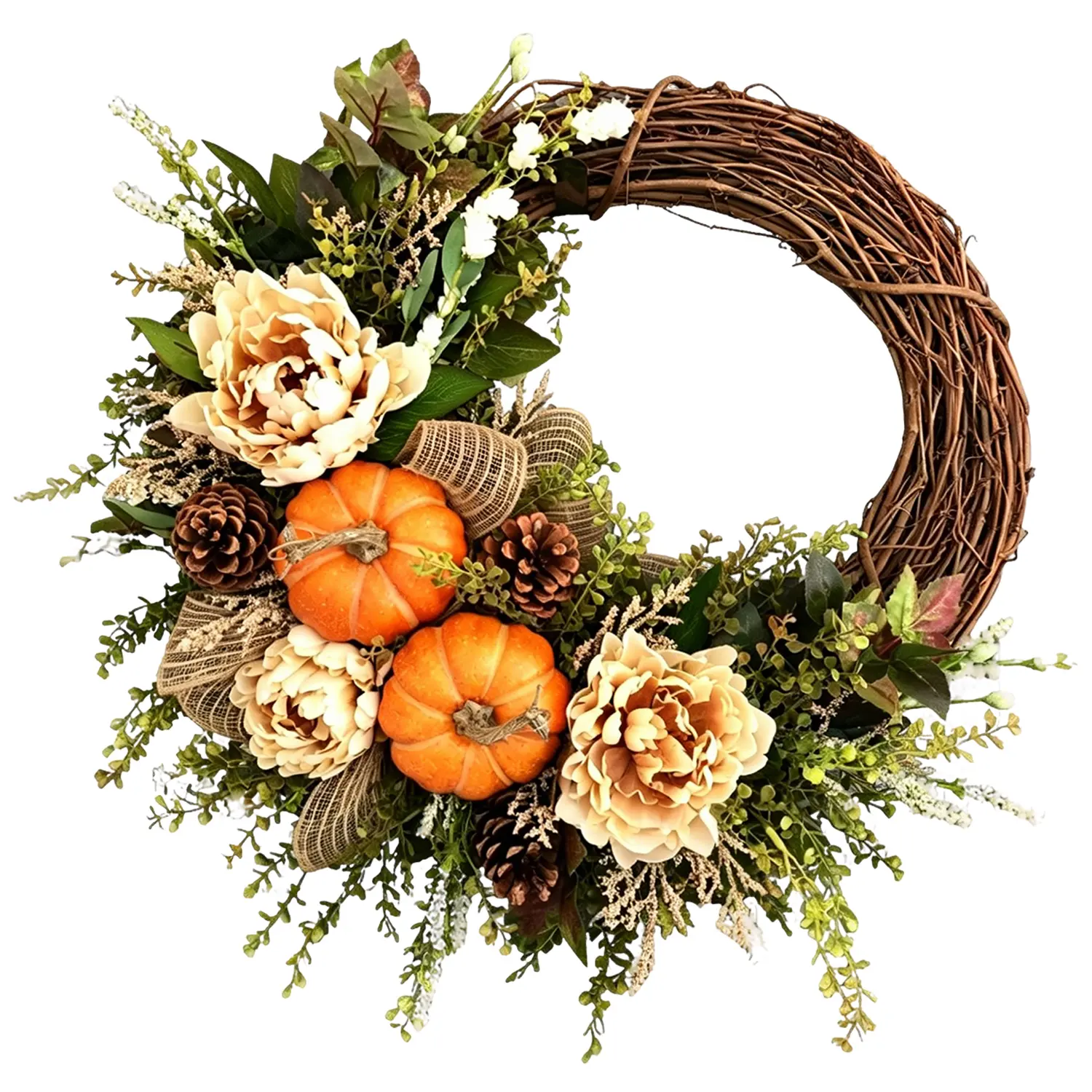 Country-style plastic pumpkins, peonies, and grape vines for autumn door wreaths — farmhouse-style autumn decor for the front door, patio, and entryway — perfect for Harvest Festival, Thanksgiving family gatherings, and holiday displays