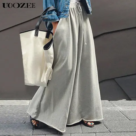 Women's Boho Lady Trouser - Mid-Waist, Adjustable Wide-Leg, Elastic Waist, Raw Edge Hem, Chinlon-Cotton Blend, All Seasons, Machine Washable Baggy Bottom Easy Go-To Pants for Coffee Runs,sohochic