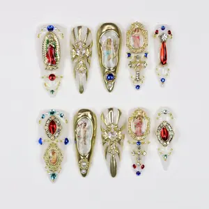 Virgin Mary Press On Nails | 3D Angel Stiletto Nails Red Gold White, Religious Acrylic Fake Nails, Luxury Handmade Gothic Y2K Nail Set