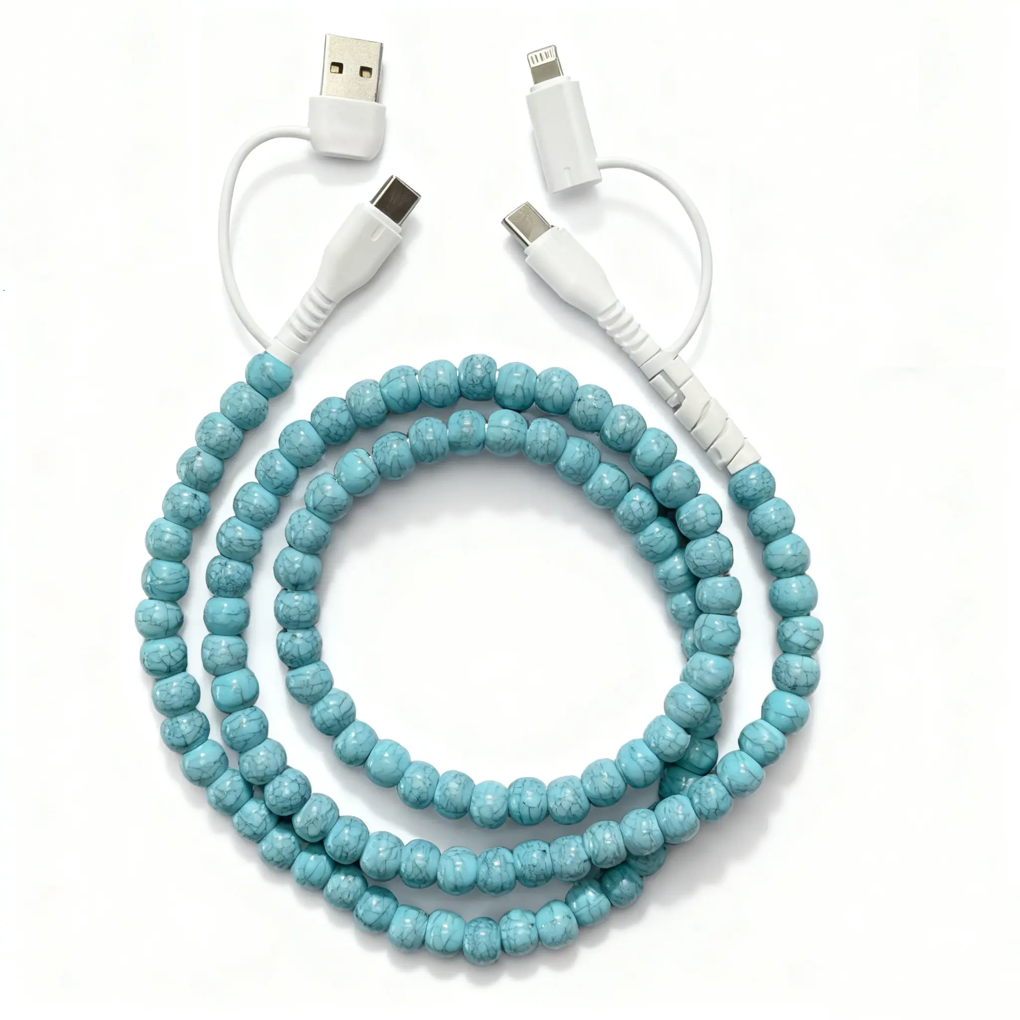 4-in-1 Beaded Charging Cable, Electronic Mobile Phone Accessory Compatible with iPhone 15/16/17, Samsung & All USB-C/Lightning Devices for Data Transfer & Charging