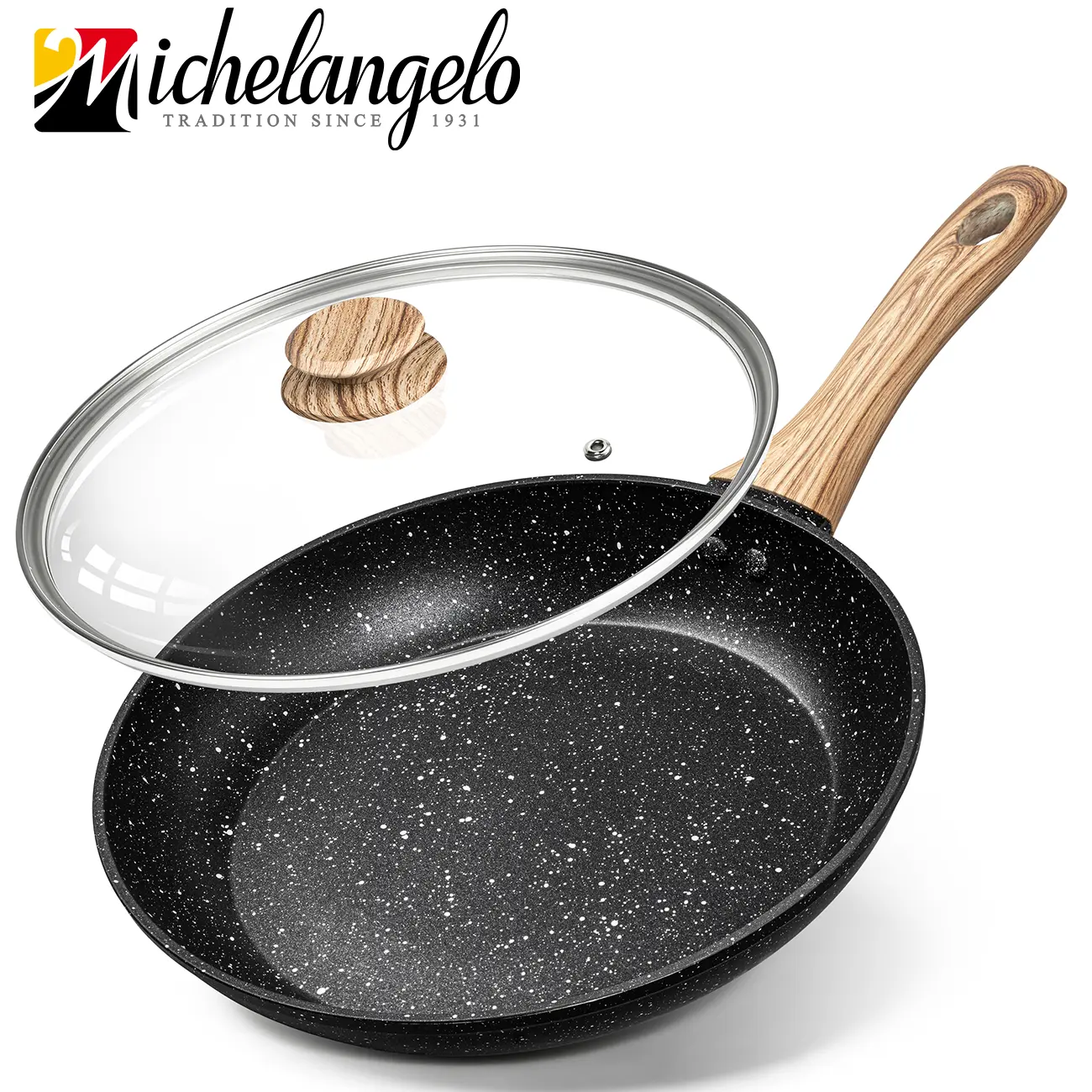 MICHELANGELO Non-Stick Frying Pan with Lid 8-10 Inch Granite Coating Induction Compatible Easy Cleaning Healthy Cooking Durable Versatile Kitchenware